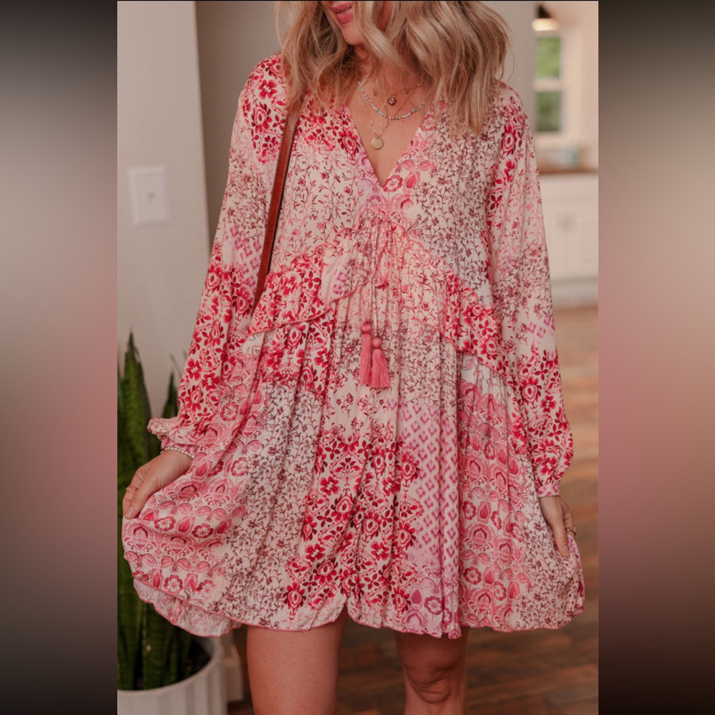 Boho Pink Floral Dress V Neck Long Sleeve Tassel Mini Oversized Nwt